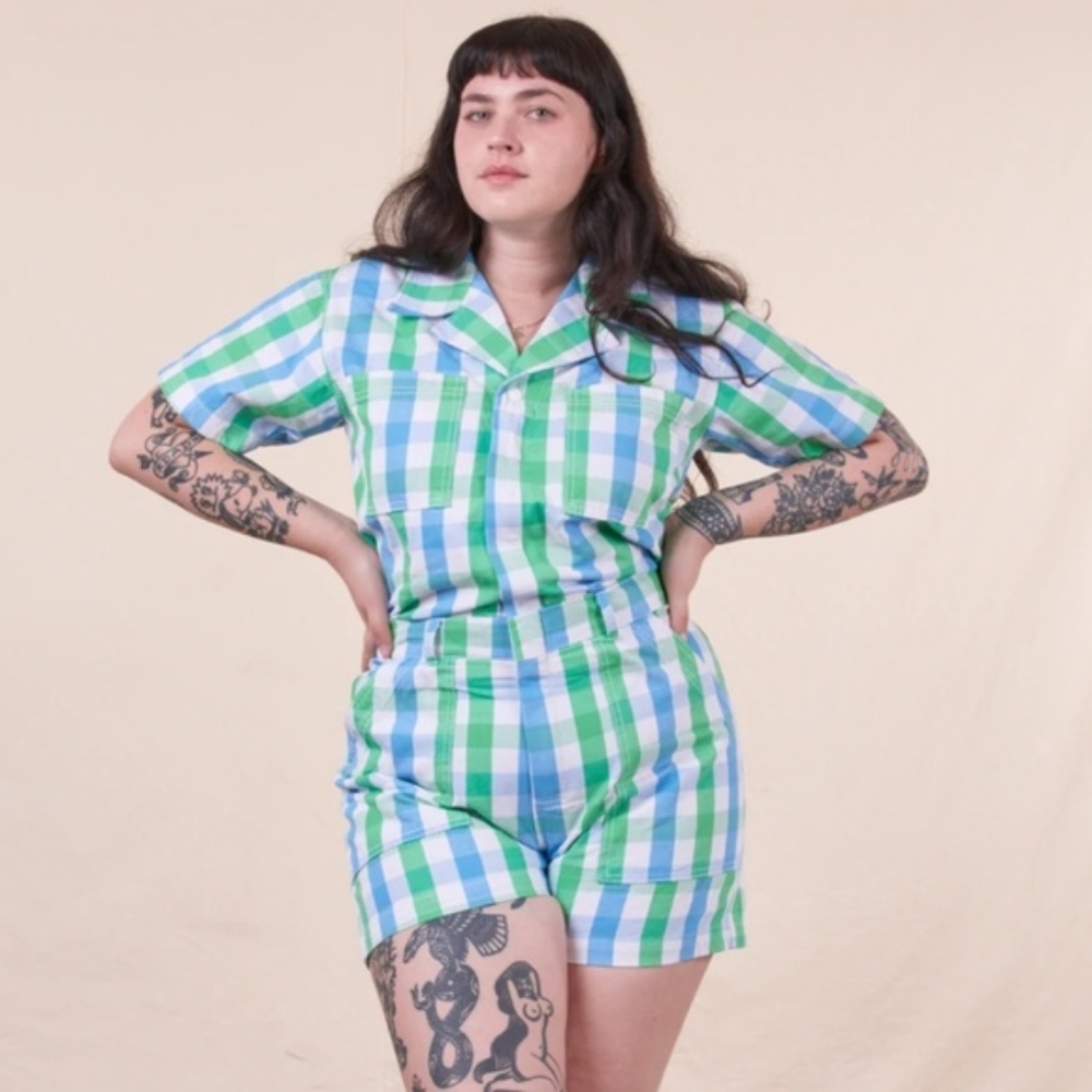 Big Bud Press unisex blue and green gingham jumpsuit romper